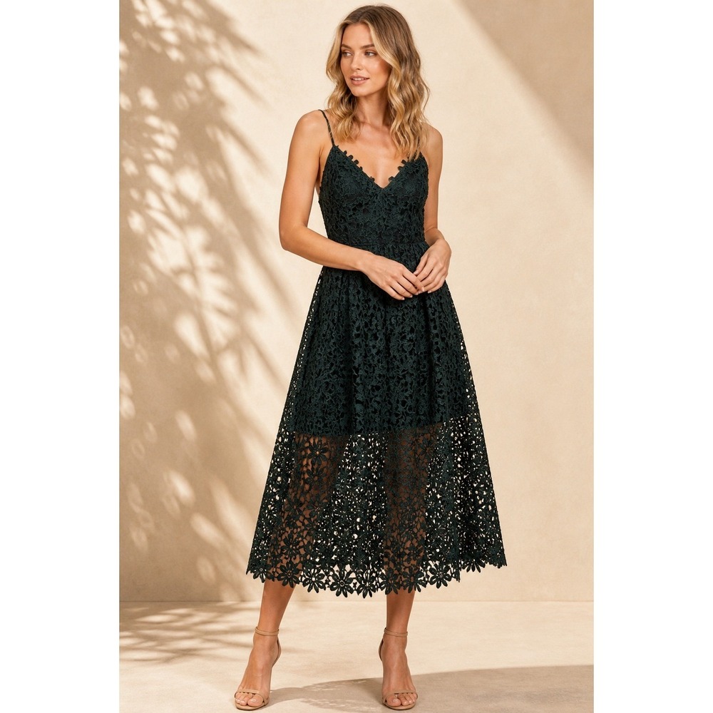 ASTR The Label Forest Green Lace Midi Dress A Line Wedding Guest XS